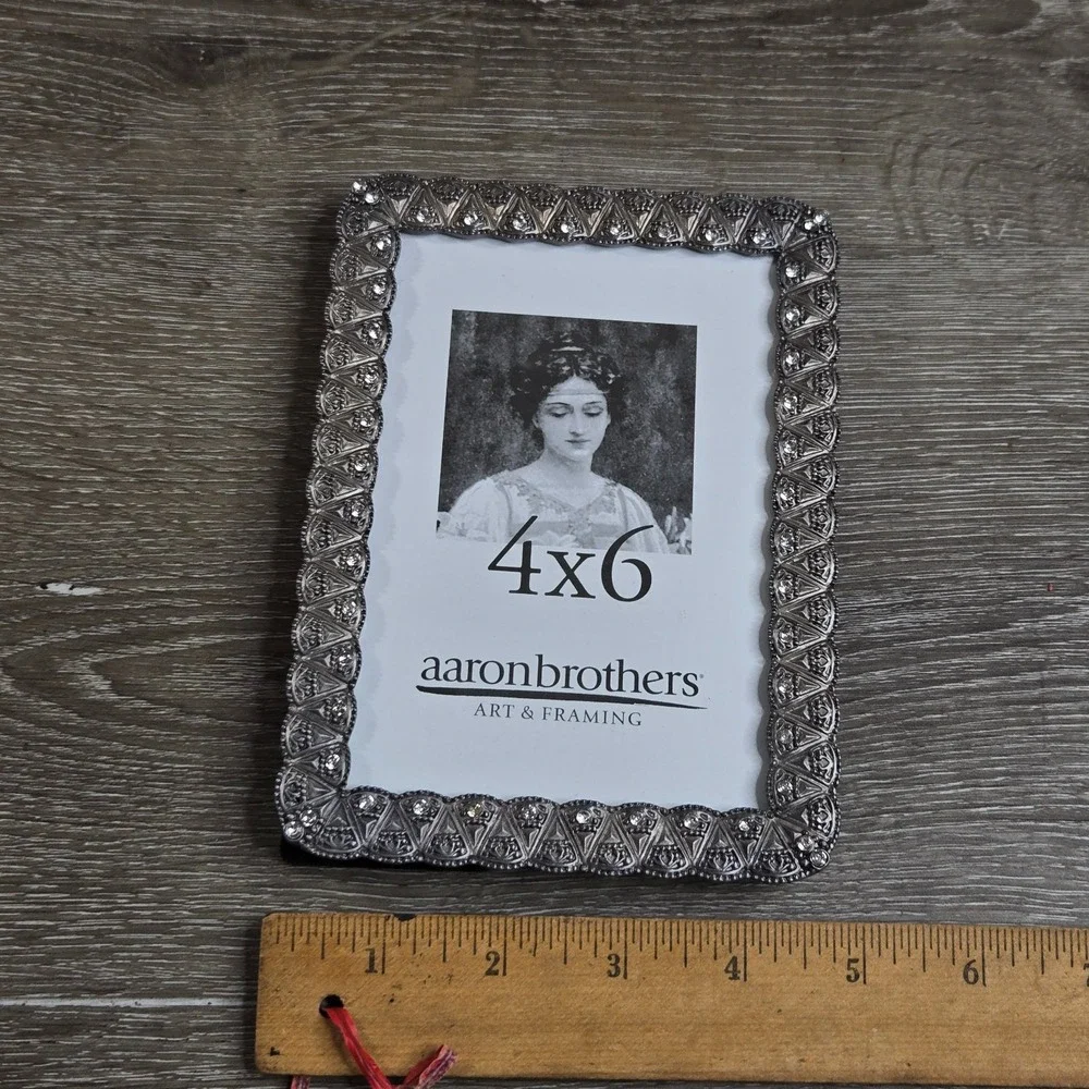 Aaron Brothers Jeweled Pewter Tone Picture Frame 4x6 Vintage Ornate Rhinestone
